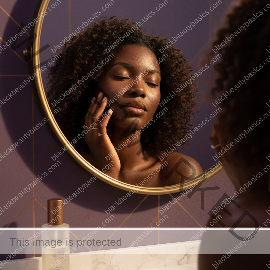 Black woman with deep skin looking calmly at makeup and sunscreen near a mirror
