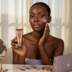 Black woman with deep skin applying sunscreen before makeup in warm vanity light
