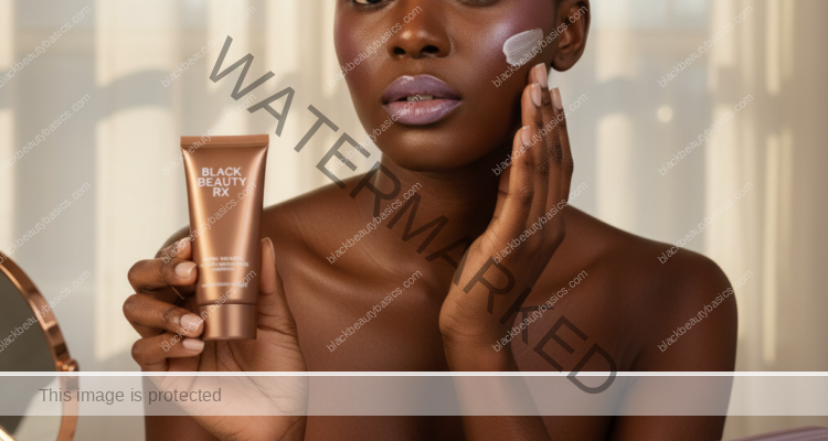 Black woman with deep skin applying sunscreen before makeup in warm vanity light
