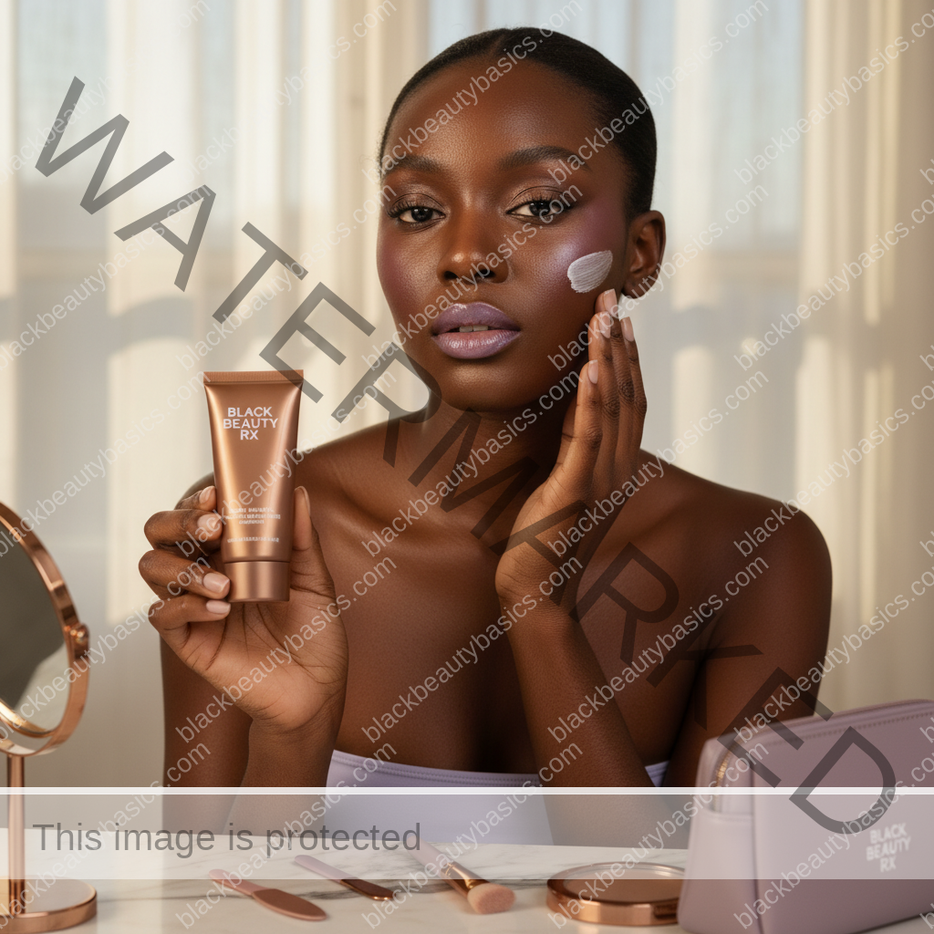 Black woman with deep skin applying sunscreen before makeup in warm vanity light