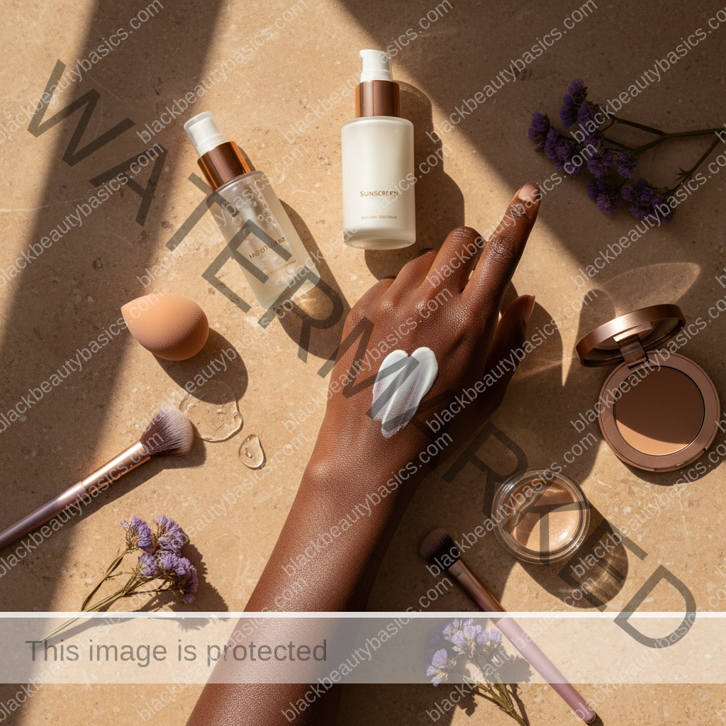 Flat lay of sunscreen, moisturizer, primer, and makeup for deep skin