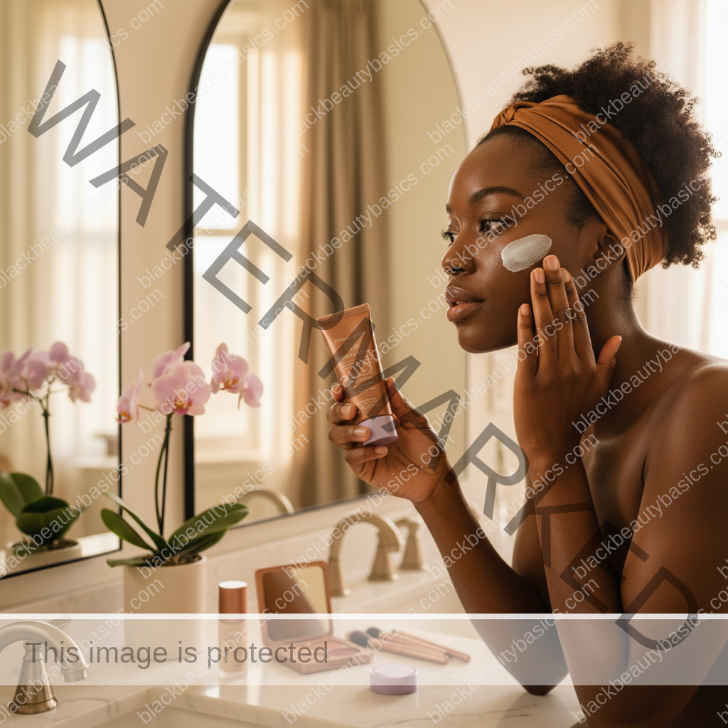 Black woman applying sunscreen as the final skincare step before makeup