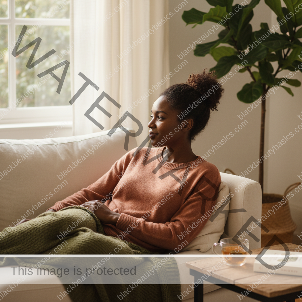 Black woman with deep skin relaxing at home with calm confidence and natural skin texture