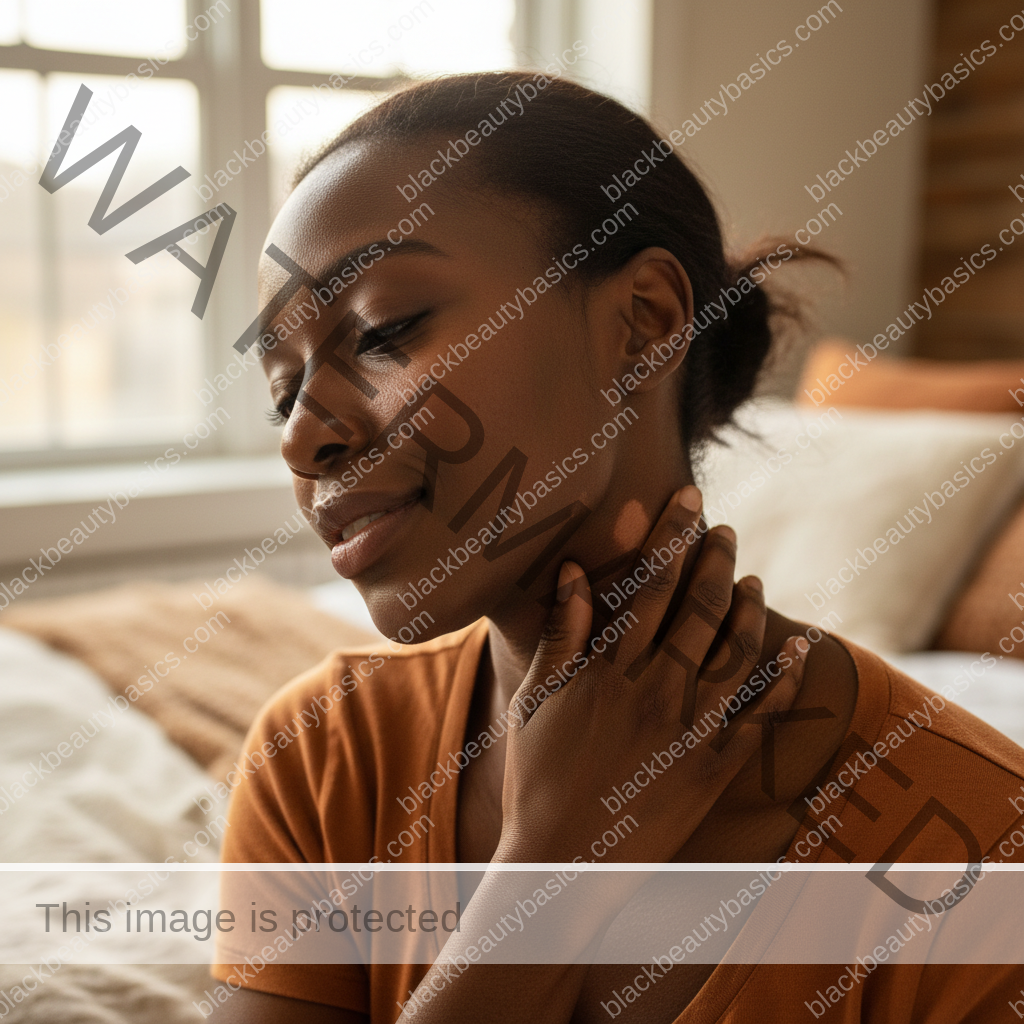 Black woman with deep skin gently touching her arm while thinking about eczema marks without shame