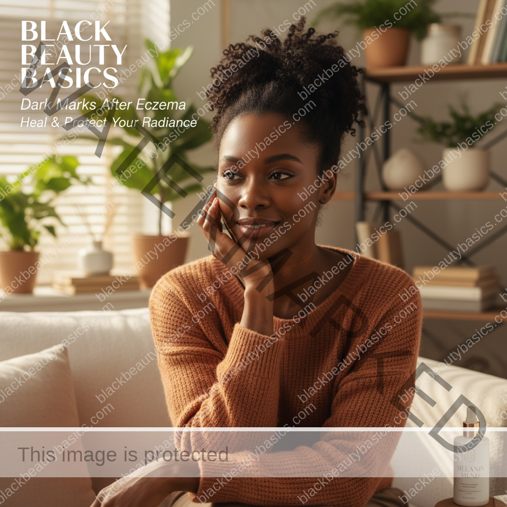 Editorial portrait of a Black woman with deep skin for an eczema flare dark marks guide