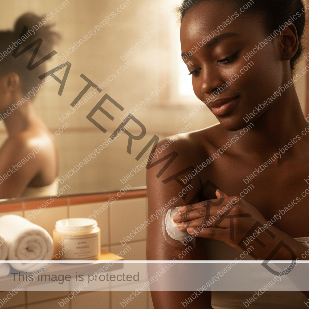 Black woman with deep skin applying moisturizer gently to eczema-prone skin