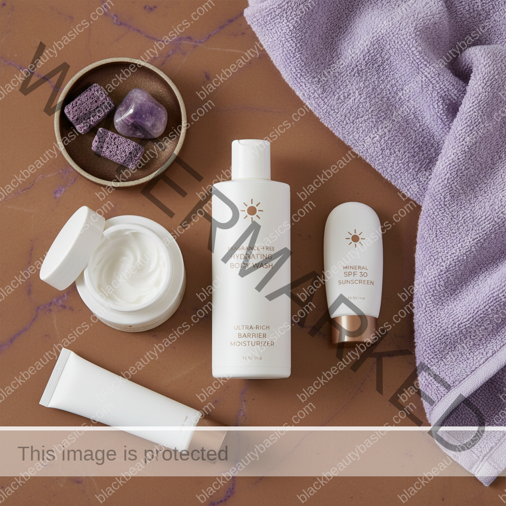 Gentle eczema-prone skin routine essentials for melanin-rich skin arranged on a bathroom counter