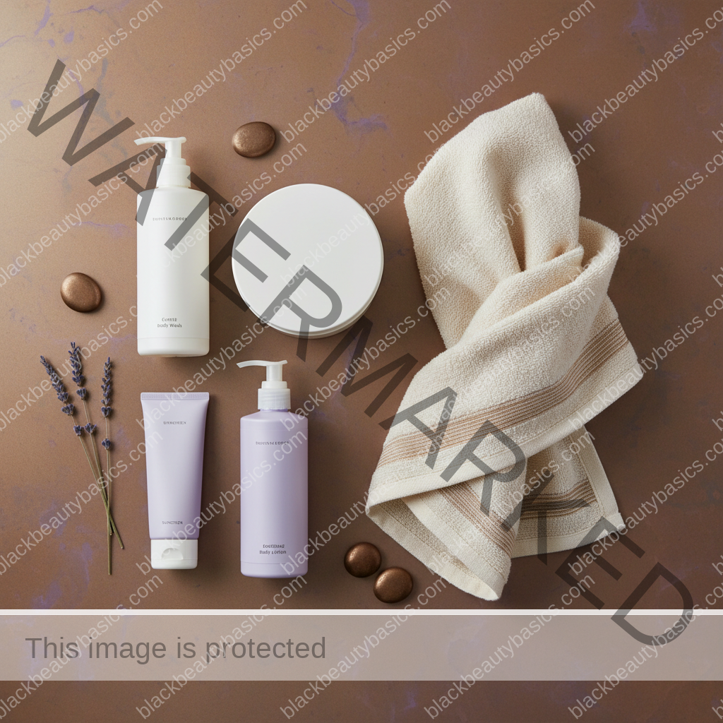Gentle body care essentials for bug bite marks on Black skin arranged on a counter
