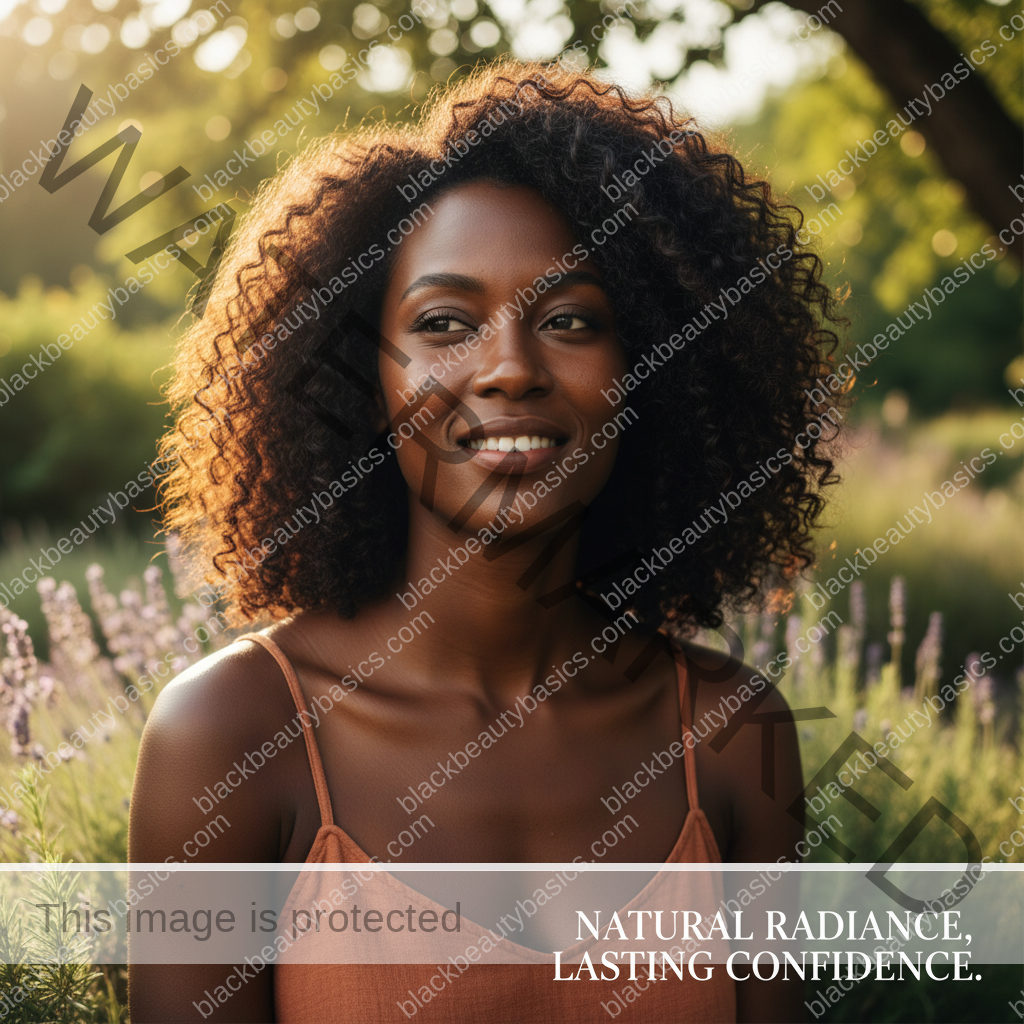 Black woman with deep skin outdoors with relaxed confidence and natural skin texture