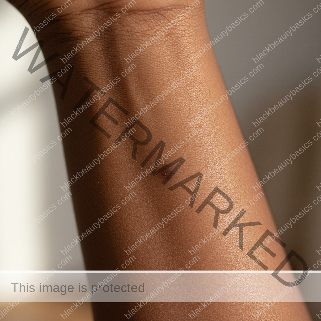 Respectful close-up of deep skin with a small healed bug bite mark and natural texture
