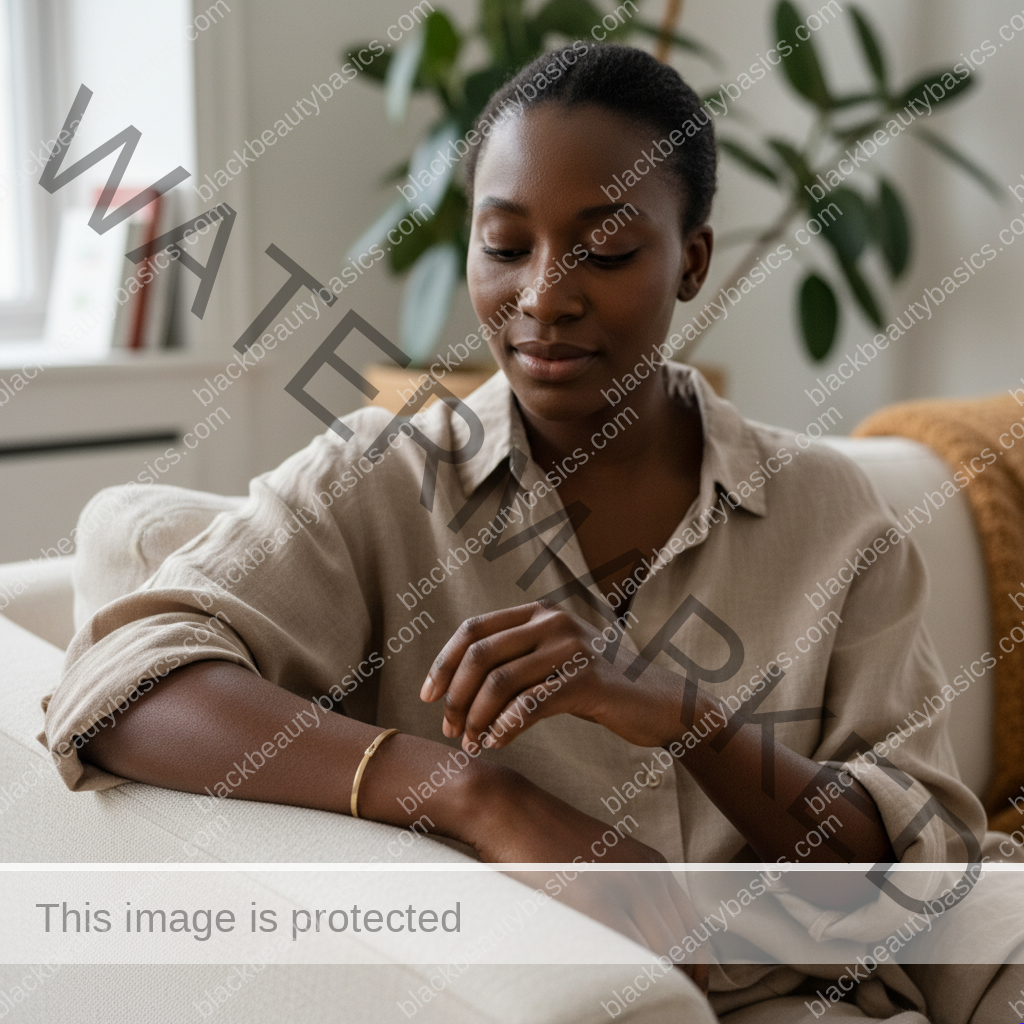 Black woman with deep skin looking at a small bug bite mark on her arm without shame