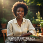 Editorial portrait of a Black woman with deep skin for a bug bite dark spots care guide