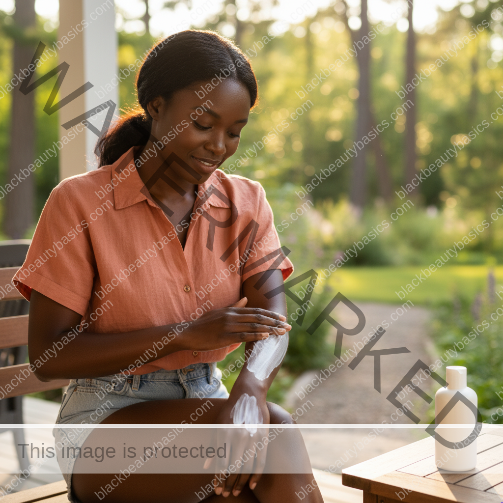 Black woman with deep skin applying body sunscreen or protective care before going outdoors