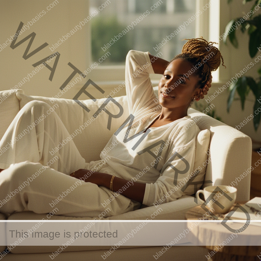 Black woman with deep skin relaxing confidently in soft natural light after body care