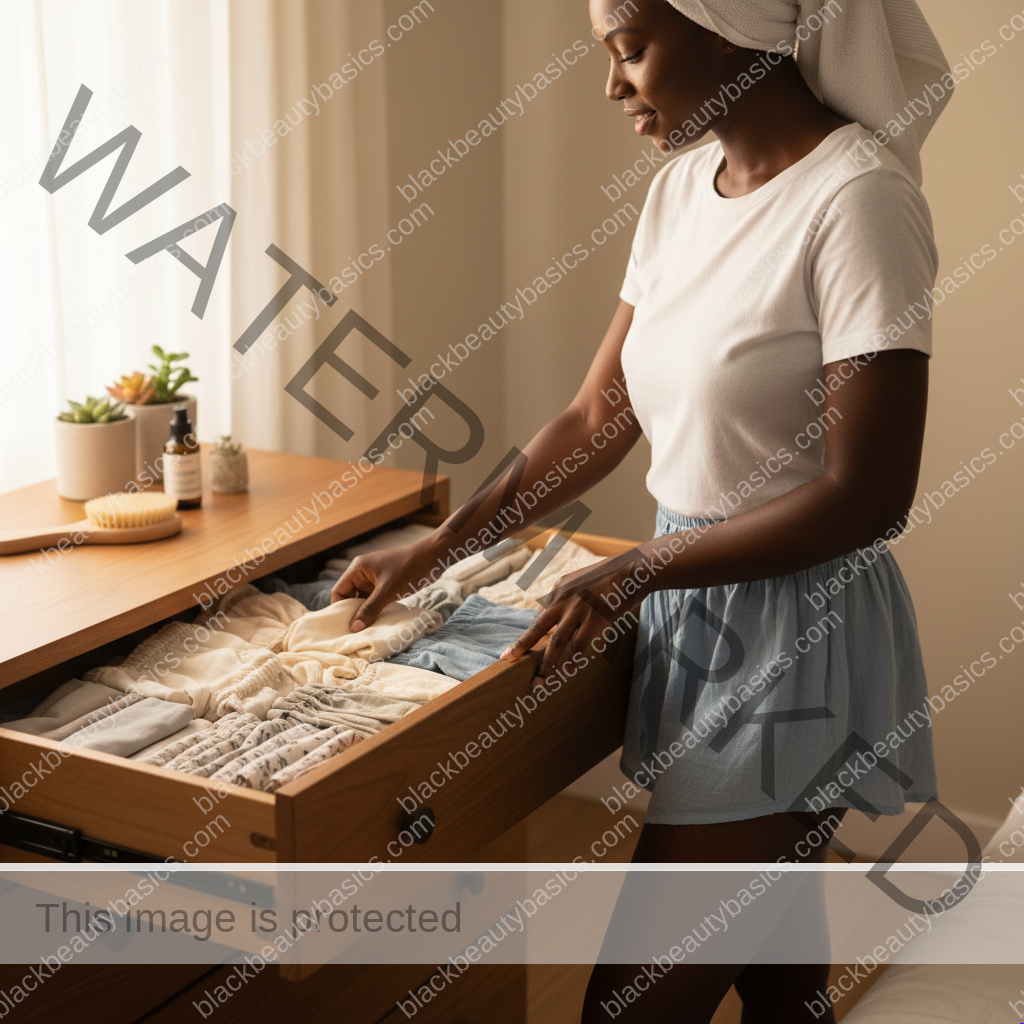 Black woman with deep skin choosing soft breathable clothing as part of bikini line care