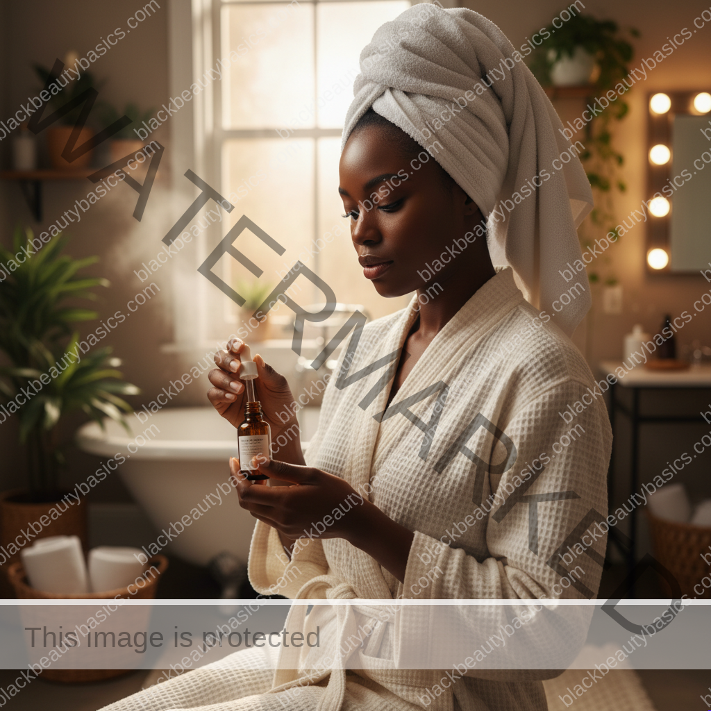 Black woman with deep skin preparing for body care in a modest bathroom setting without shame