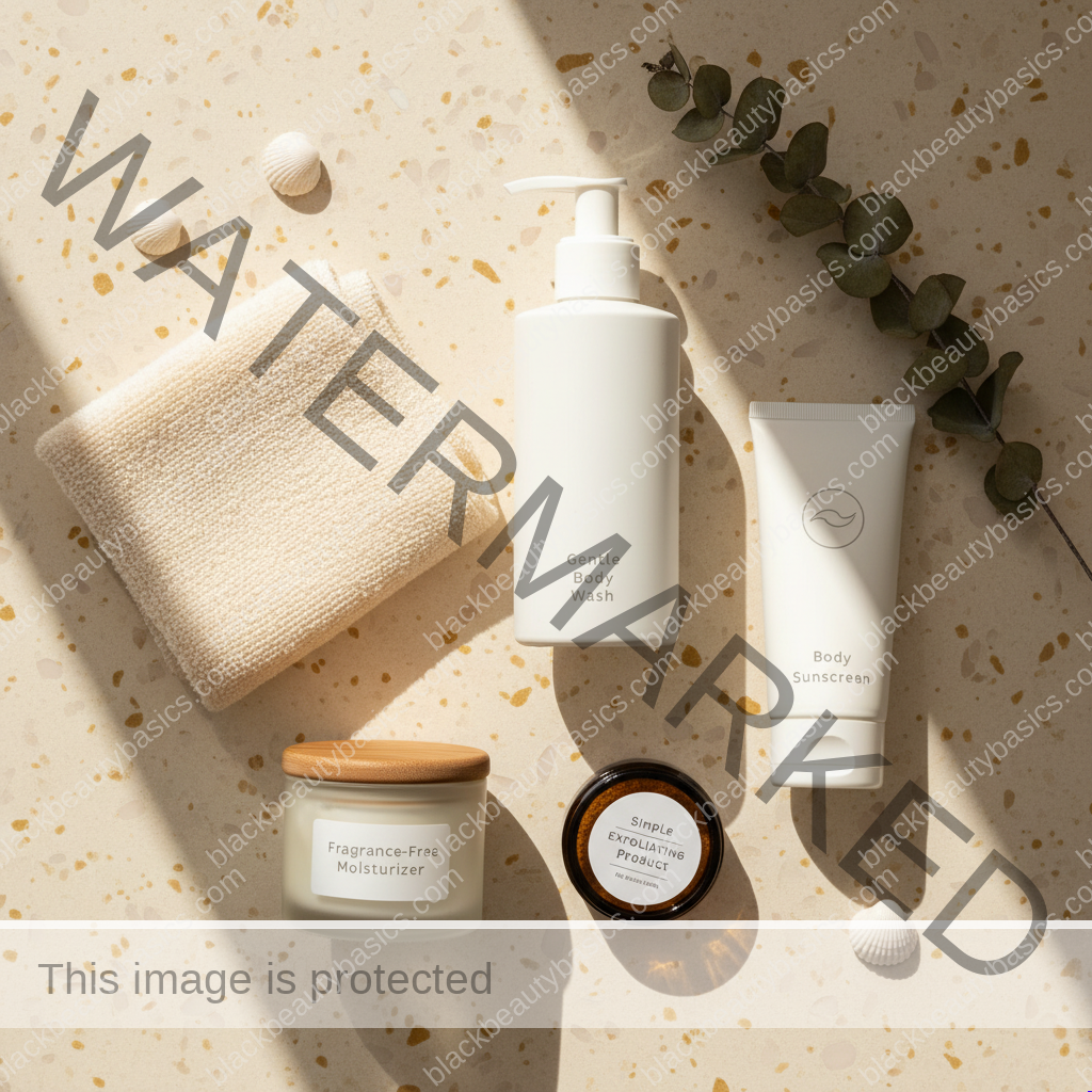 Gentle bikini line body care essentials for ingrown hairs arranged on a bathroom counter