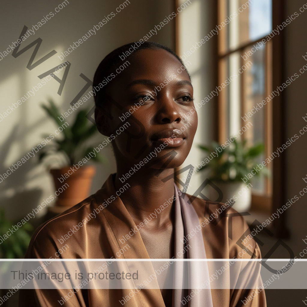 Black woman with deep skin working near a window with calm protected skin