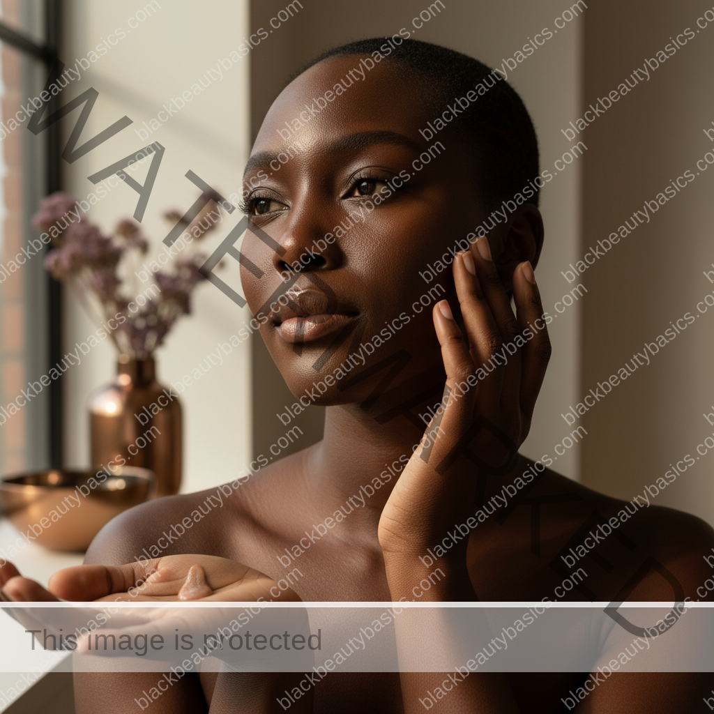 Melanin-rich skin in soft window light with skincare products nearby