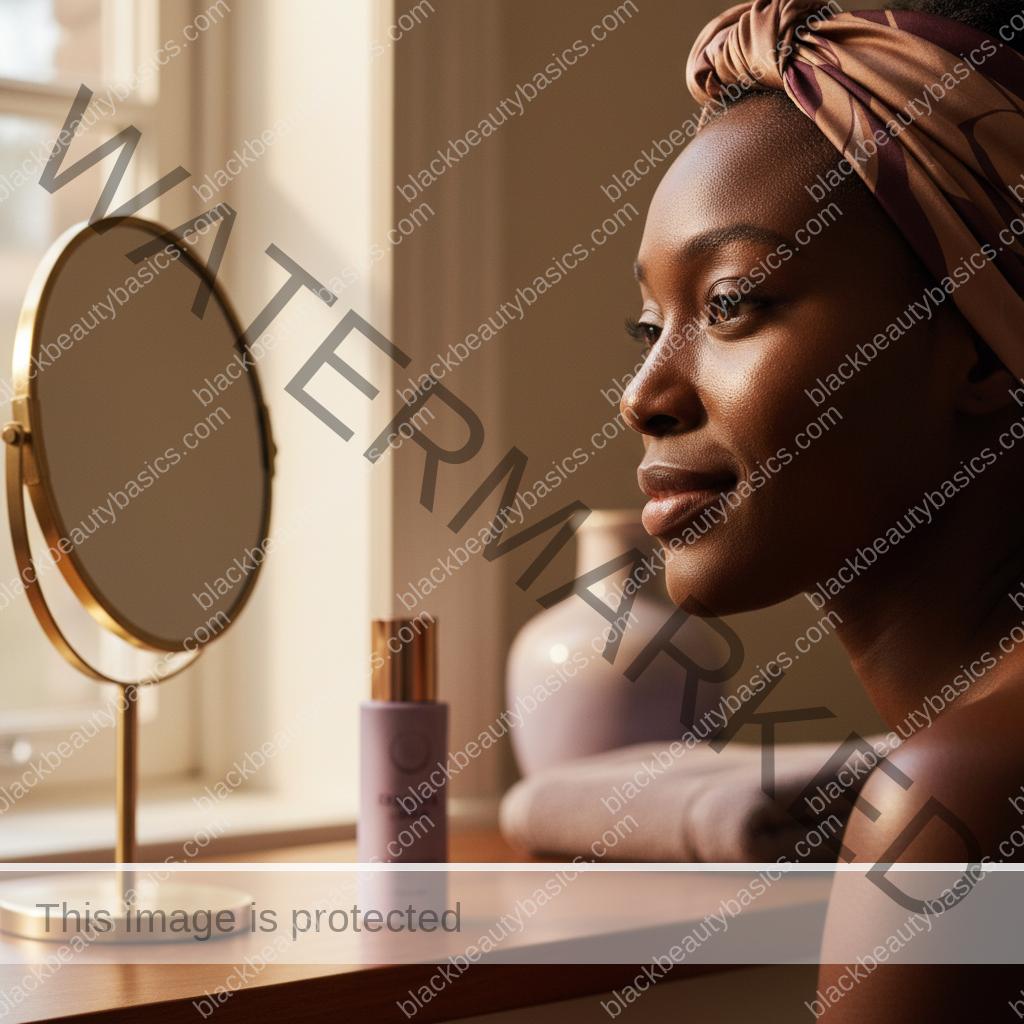 Black woman with deep skin looking out a sunny window during a morning routine