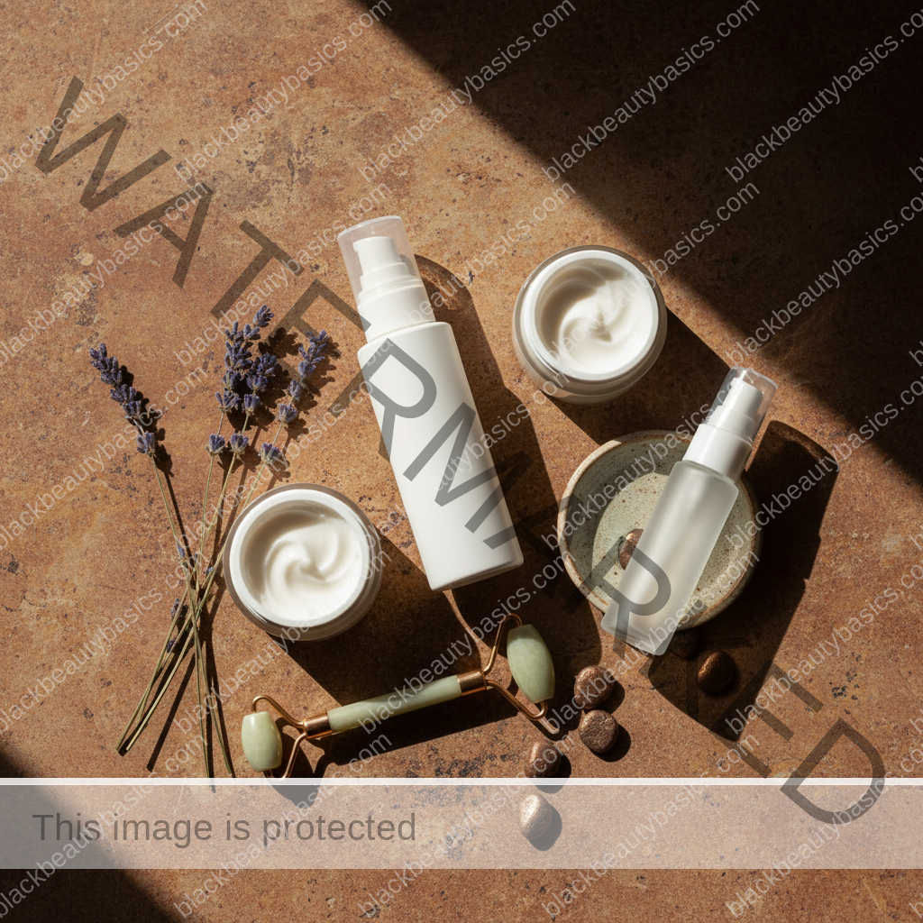 Flat lay of sunscreen, notebook, coffee, and window-light morning routine items