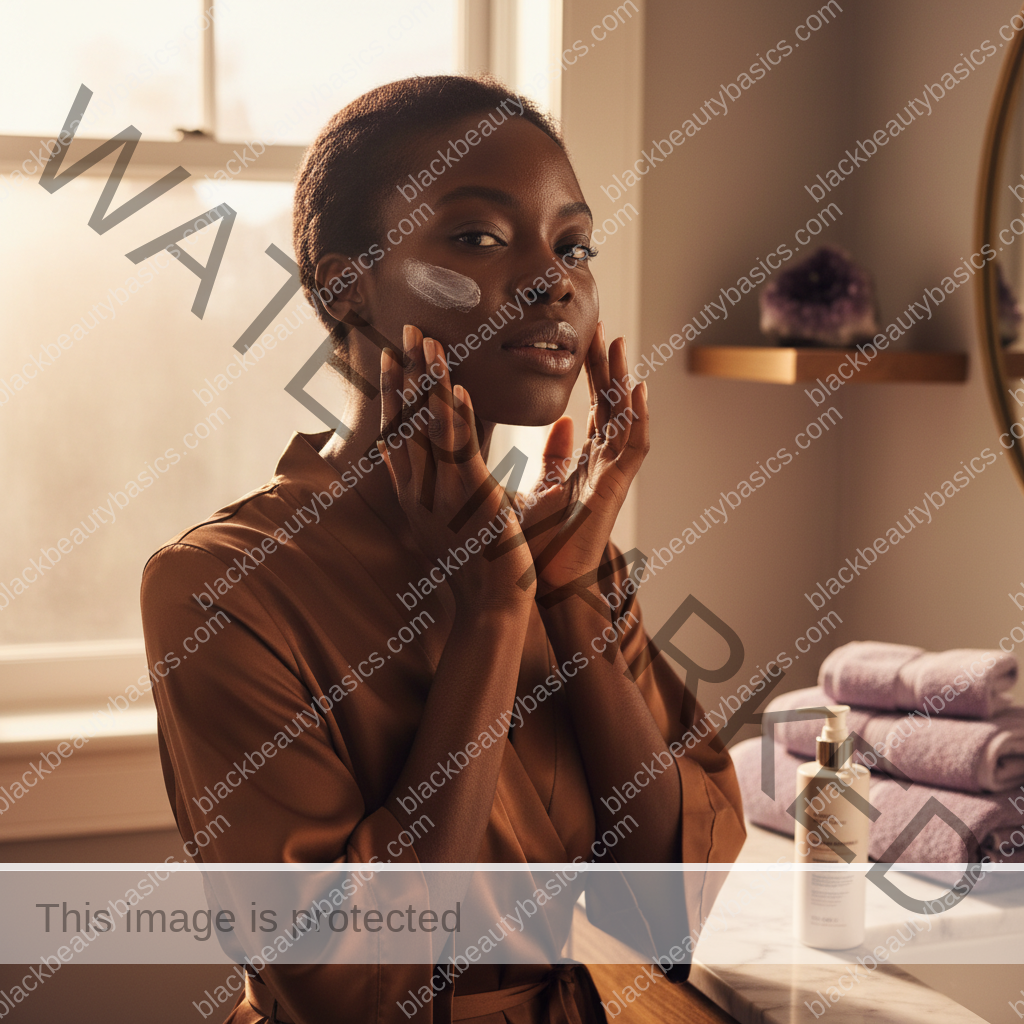 Black woman applying sunscreen before working near a window indoors