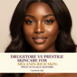 Black woman in a calm skincare setting for drugstore vs prestige skincare for melanin-rich skin: what actually matters