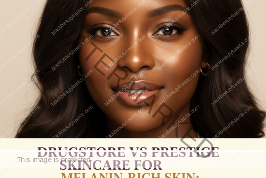 Black woman in a calm skincare setting for drugstore vs prestige skincare for melanin-rich skin: what actually matters