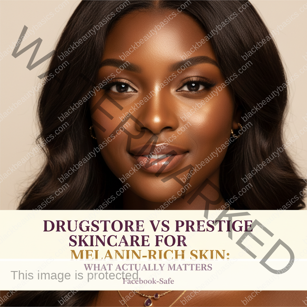Black woman in a calm skincare setting for drugstore vs prestige skincare for melanin-rich skin: what actually matters