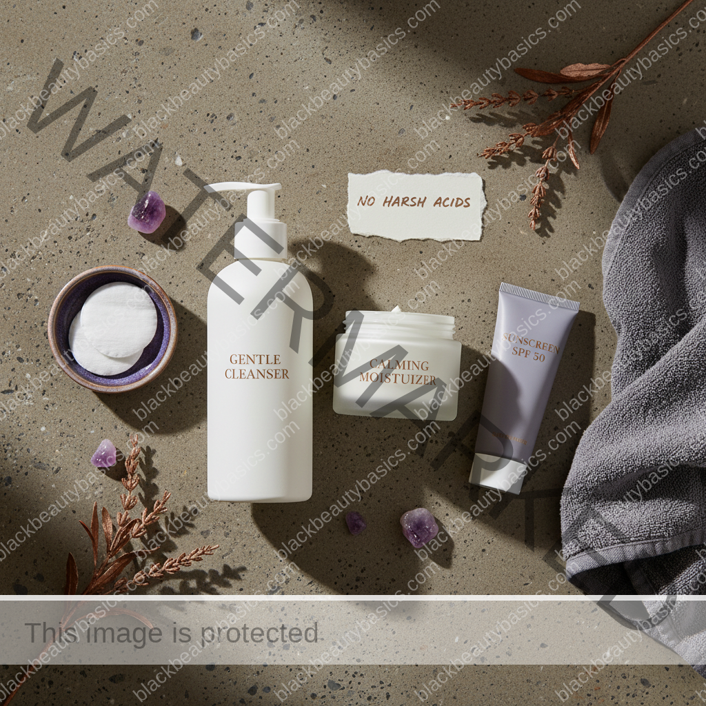 Gentle post hair removal aftercare essentials for deep skin on a bathroom counter