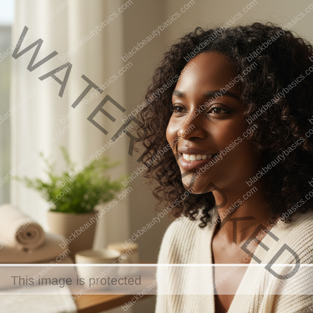 Black woman with deep skin smiling softly after a gentle facial care routine