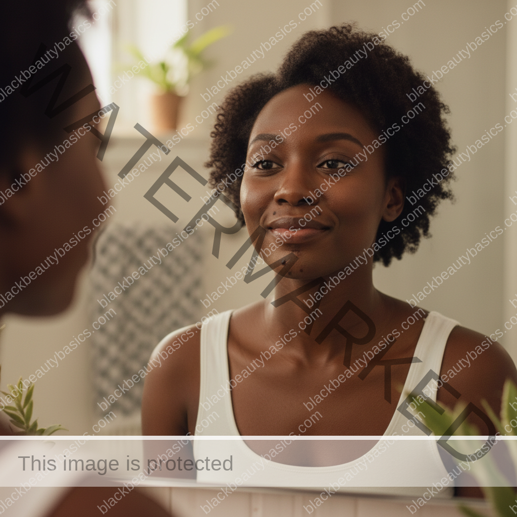 Black woman with deep skin checking facial skin in a mirror after hair removal without shame