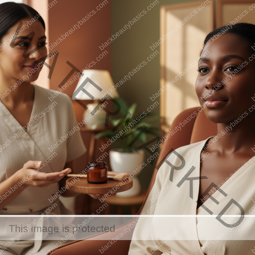 Black woman with deep skin in a gentle salon or beauty appointment setting for facial hair removal care