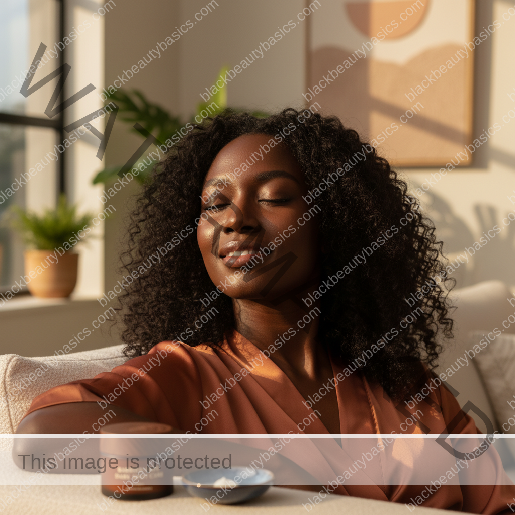 Black woman with deep skin resting confidently in warm light with natural skin texture