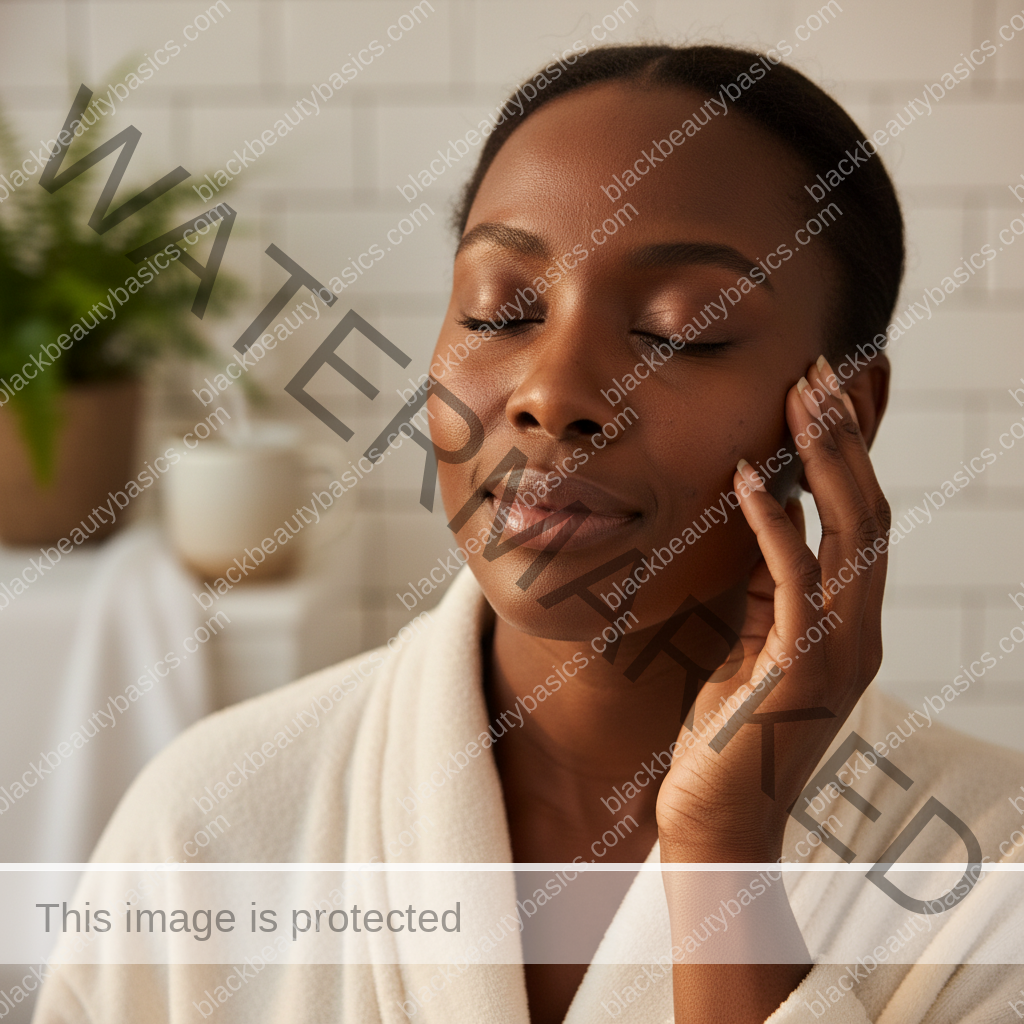 Black woman with deep skin holding her face gently in a calm bathroom while caring for dark spots safely