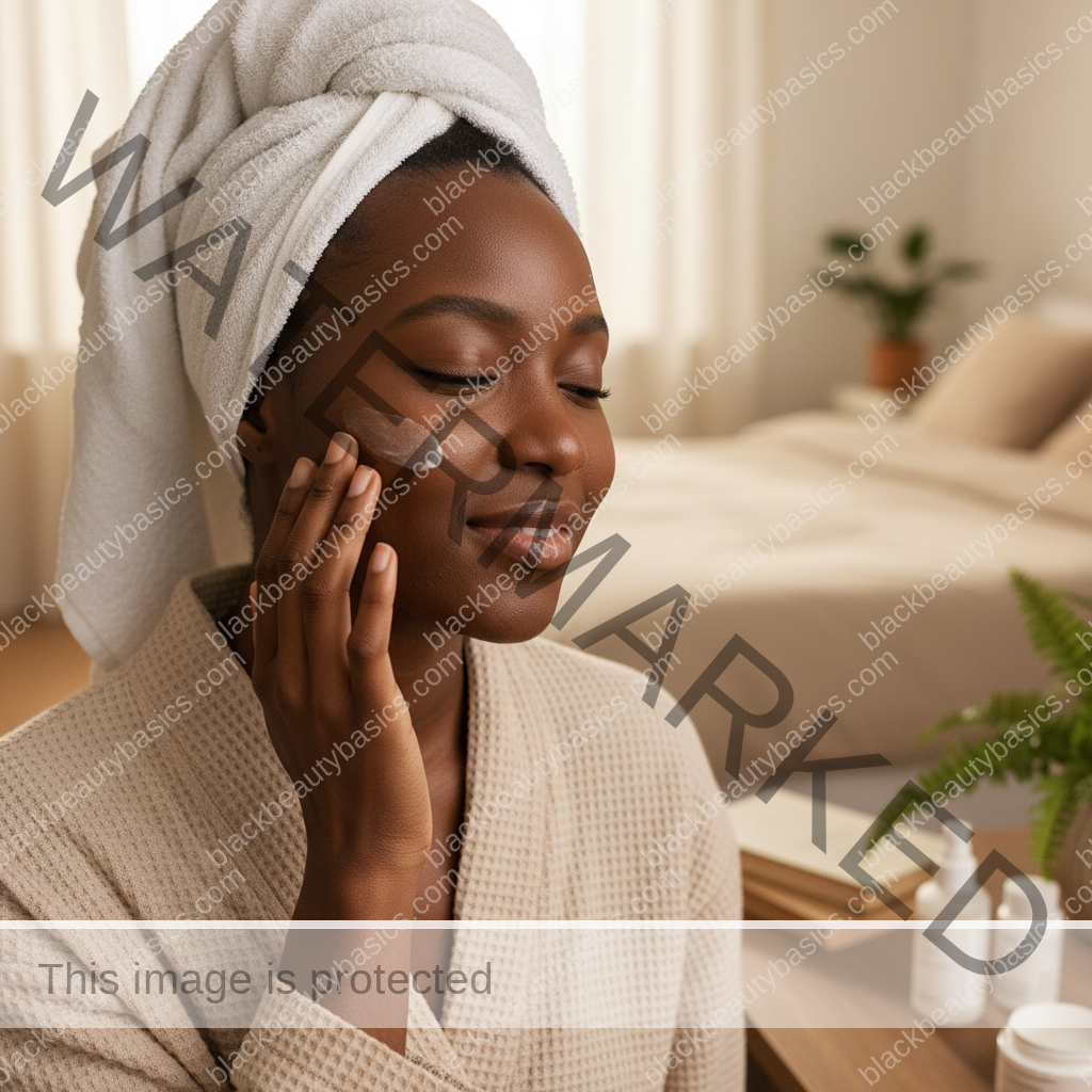 Black woman with deep skin applying moisturizer as part of a gentle barrier-repair routine