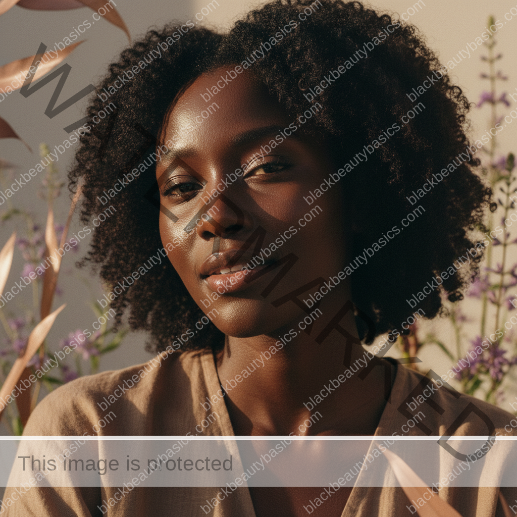 Black woman with deep skin relaxed in soft daylight after sunscreen application