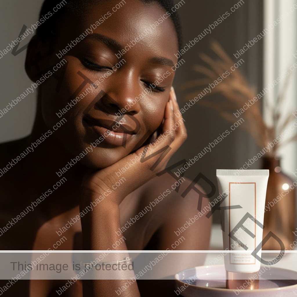 Black woman with richly melanated skin in a calm reflective sunscreen routine moment