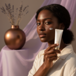 Black woman with deep skin in an editorial sunscreen moment for Flashback, White Cast, and Sunscreen Under Photography Lighting