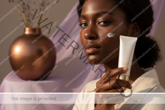 Black woman with deep skin in an editorial sunscreen moment for Flashback, White Cast, and Sunscreen Under Photography Lighting