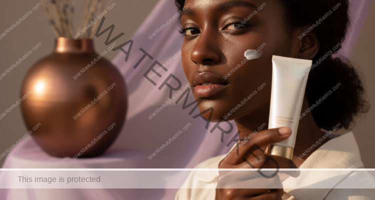 Black woman with deep skin in an editorial sunscreen moment for Flashback, White Cast, and Sunscreen Under Photography Lighting