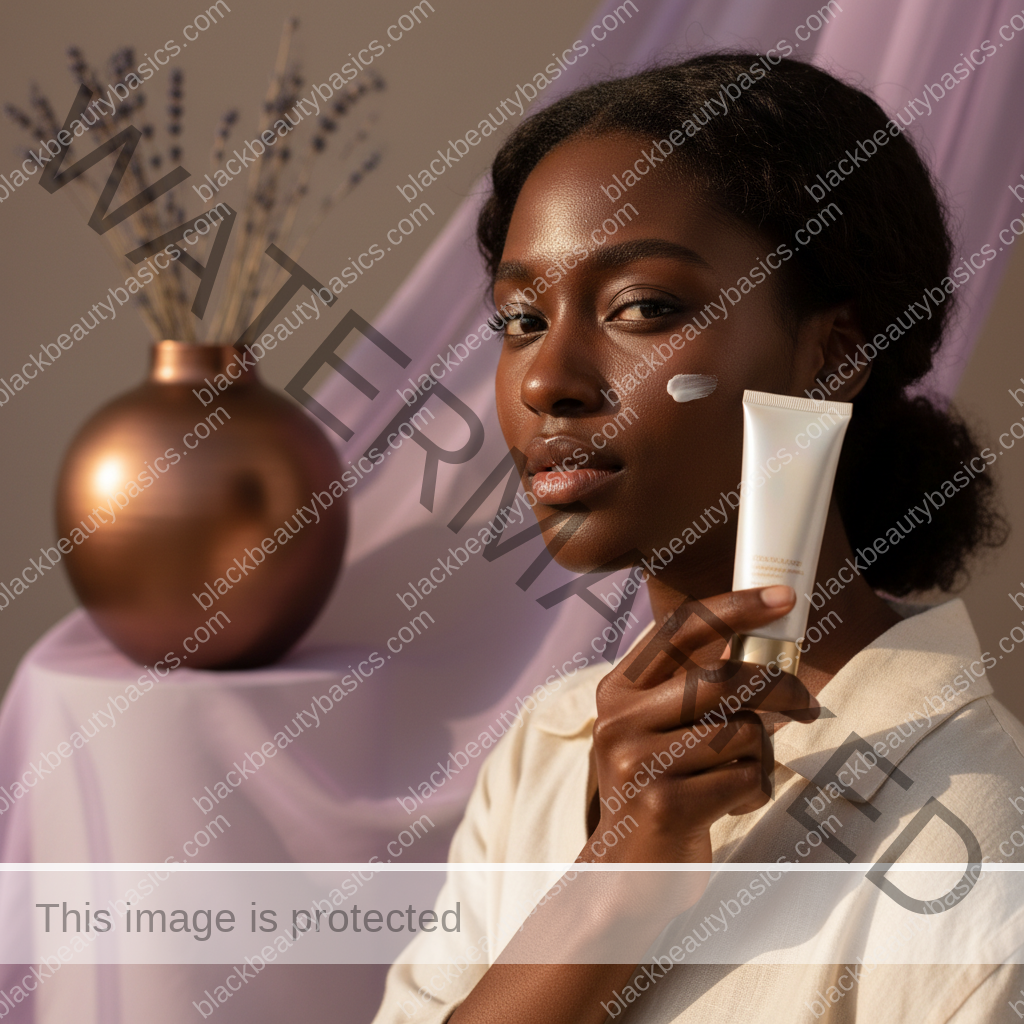 Black woman with deep skin in an editorial sunscreen moment for Flashback, White Cast, and Sunscreen Under Photography Lighting