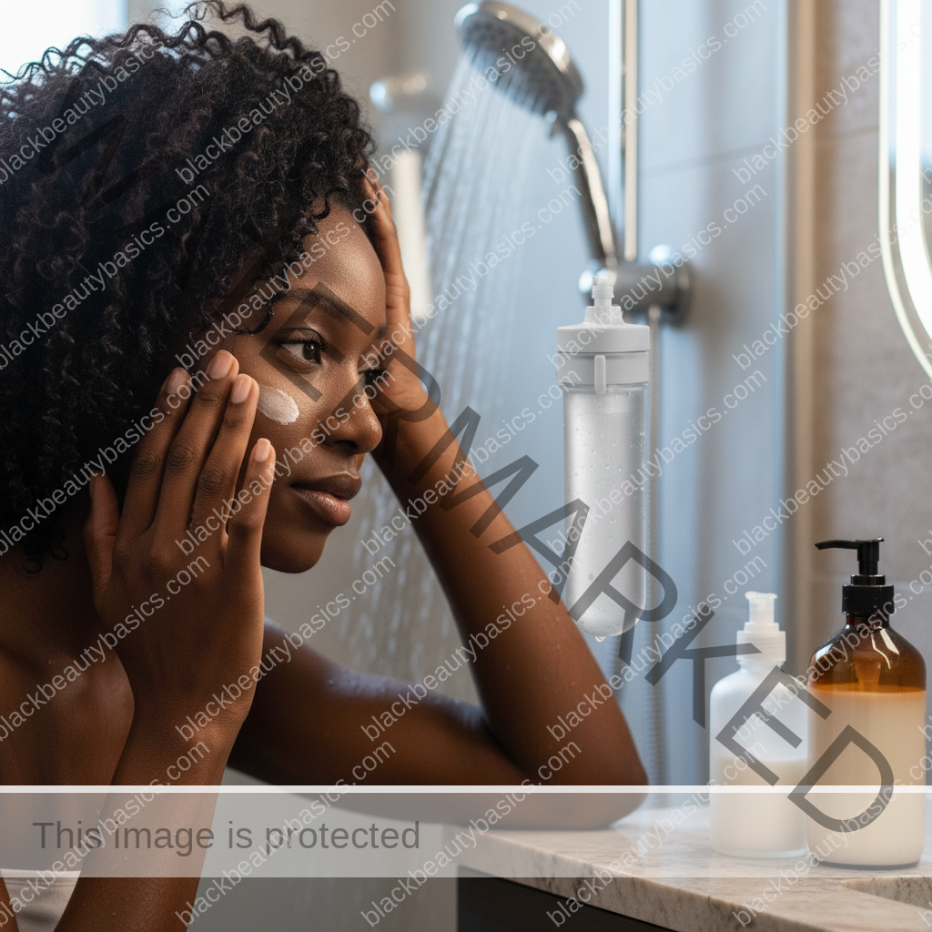 Black woman caring for dark skin and textured hair in a hard water household