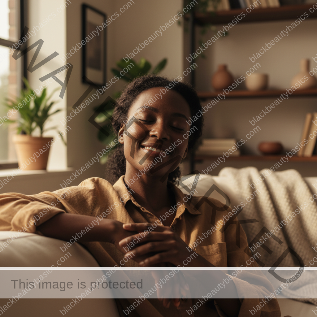 Black woman with deep skin relaxing with quiet confidence while caring for her skin patiently
