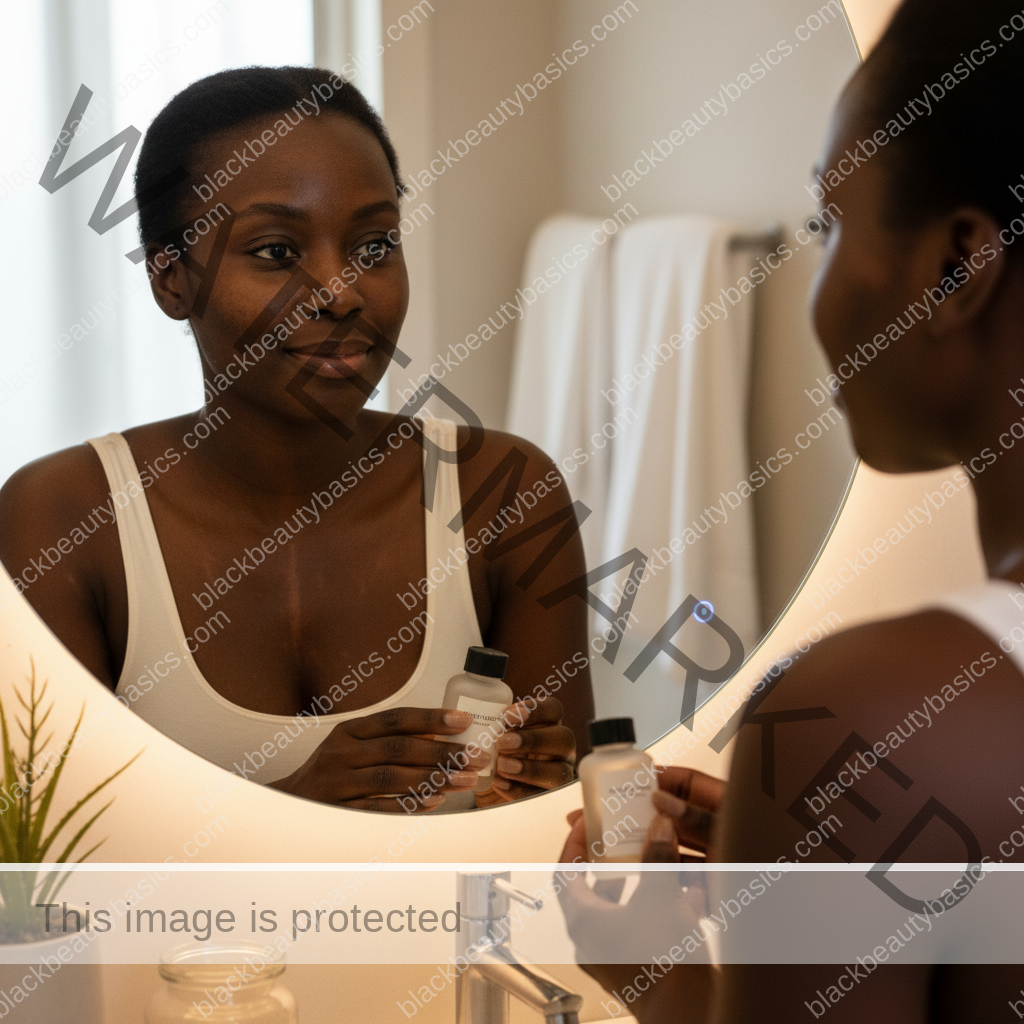 Black woman with deep skin looking gently in a mirror while tracking dark spots without shame