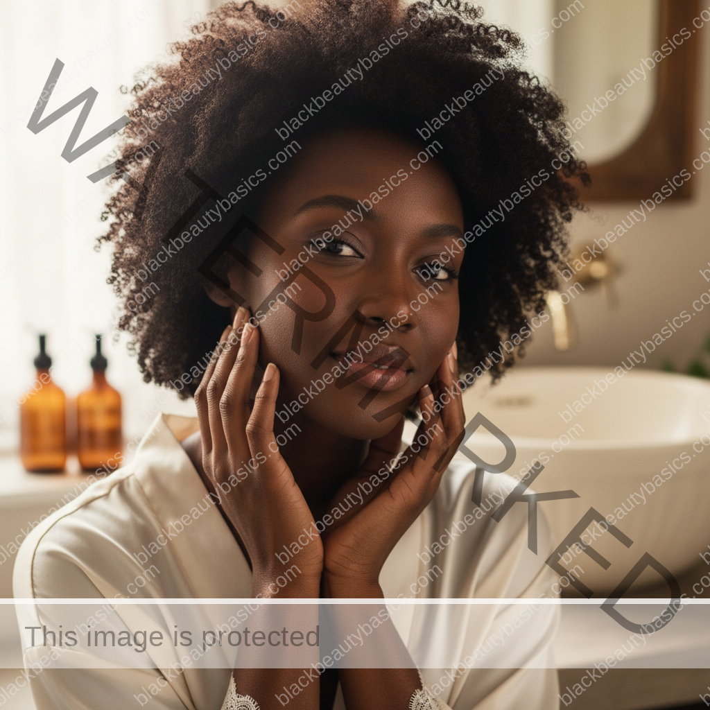 Editorial portrait of a Black woman with deep skin for a hyperpigmentation fading timeline guide