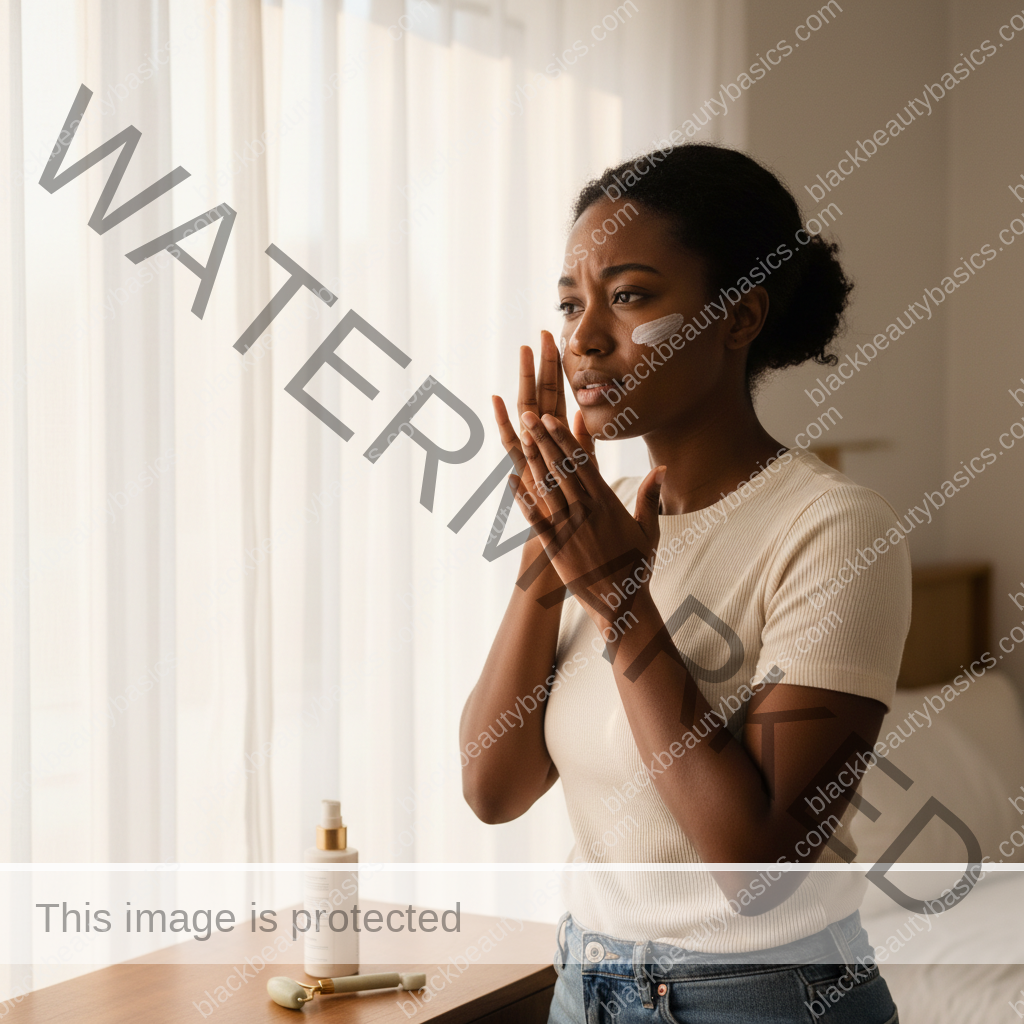 Black woman with deep skin applying sunscreen as part of a patient dark spot routine