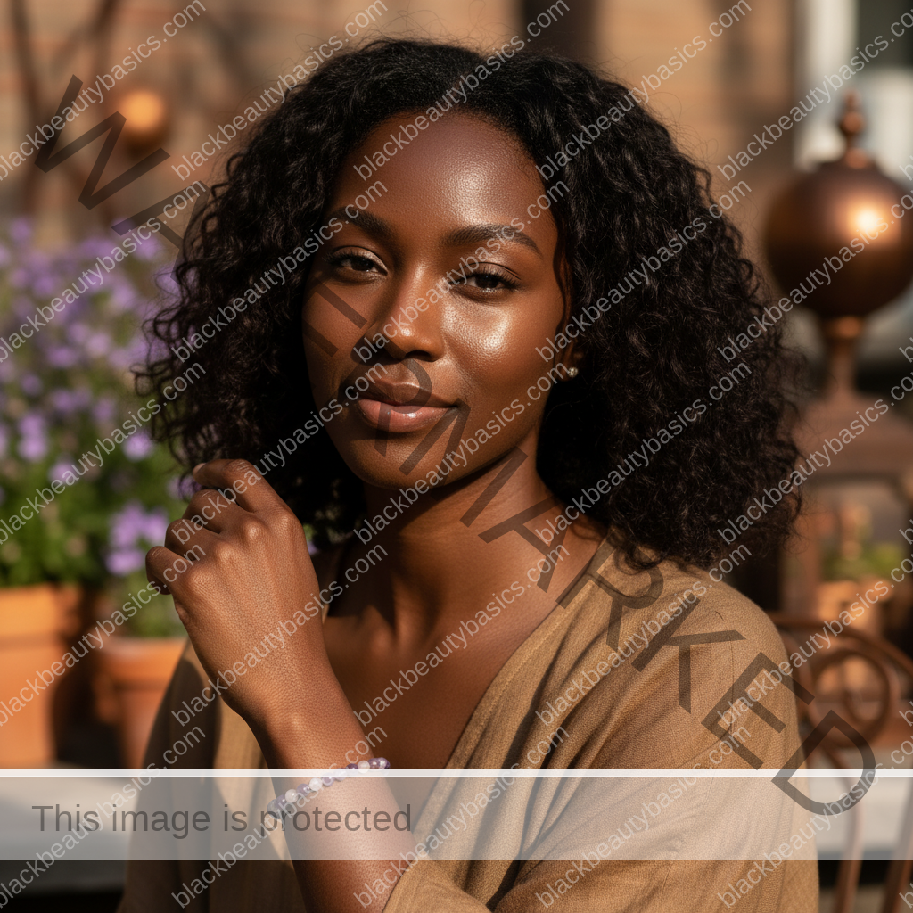 Black woman with deep skin relaxed in soft daylight after sunscreen application
