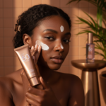 Black woman with deep skin in an editorial sunscreen moment for How Much Sunscreen to Use on Deep Skin Without Looking Heavy