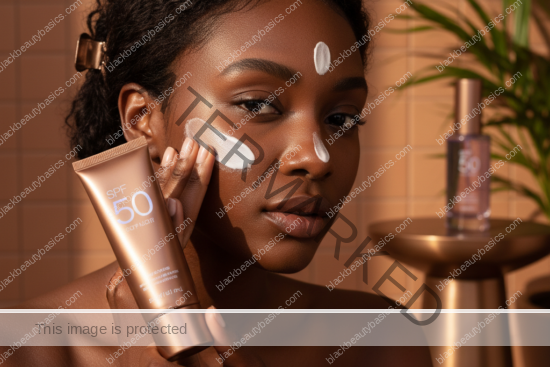 Black woman with deep skin in an editorial sunscreen moment for How Much Sunscreen to Use on Deep Skin Without Looking Heavy